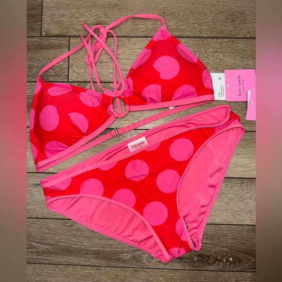 NEW KATE SPADE BIKINI RED PINK POLKA DOTS SZ LARGE - Picture 3 of 7